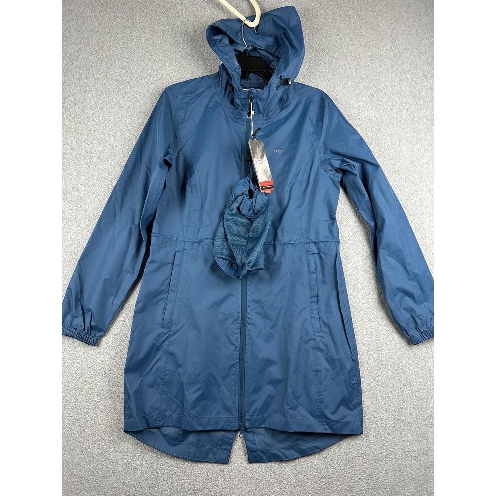 33,000ft Long Rain Coat Womens XS Blue Hooded Waterproof Packable Travel Jacket